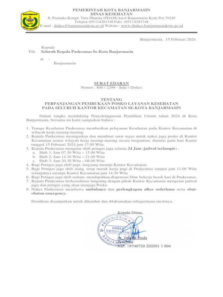 Surat Edaran Perpanjangan Posko Kesehatan Di 5 Kecamatan | PDF