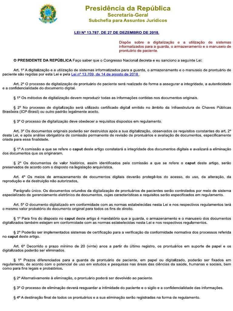 Lei 13787-2018 Guarda e Manuseio Prontuário Do Paciente | PDF