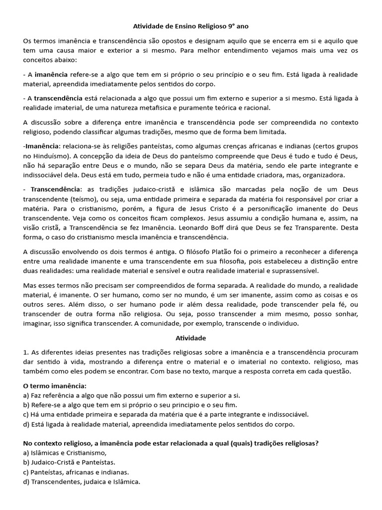 Ensino Religioso 9° Ano | PDF | Deus | Transcendência (religião)