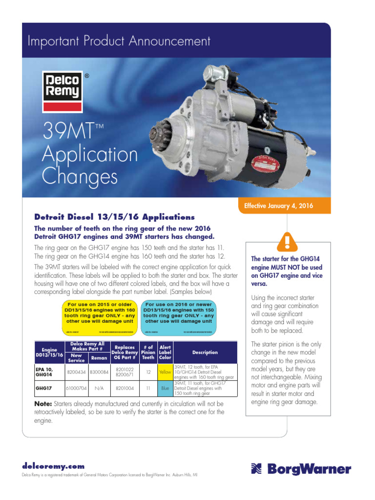 Delco Remy 39MT Application Changes Notice | PDF | Gear | Transport