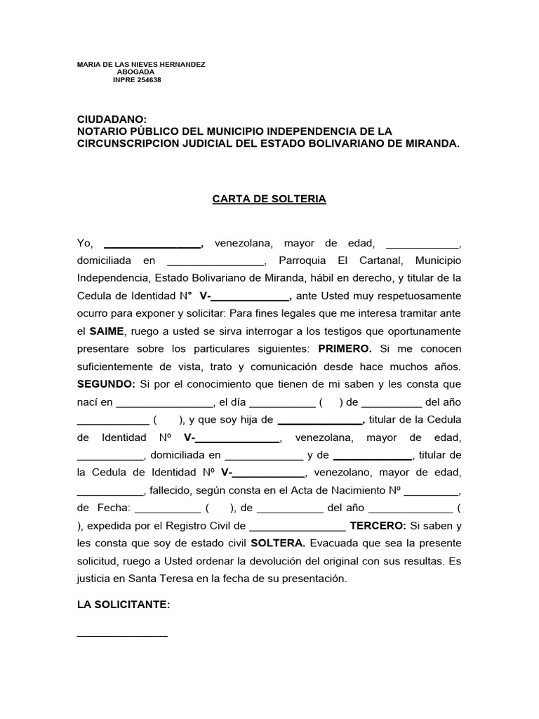 Modelo carta solteria para el saime pdf
