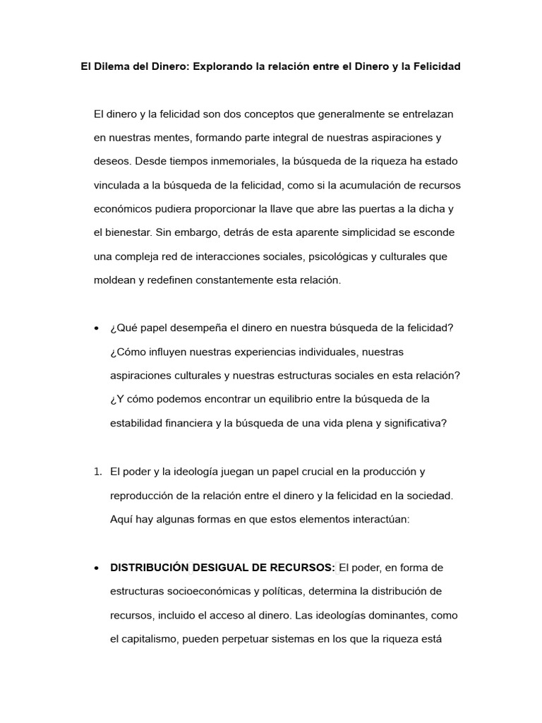Relación Entre El Dinero y La Felicidad | PDF | Felicidad | Sociedad