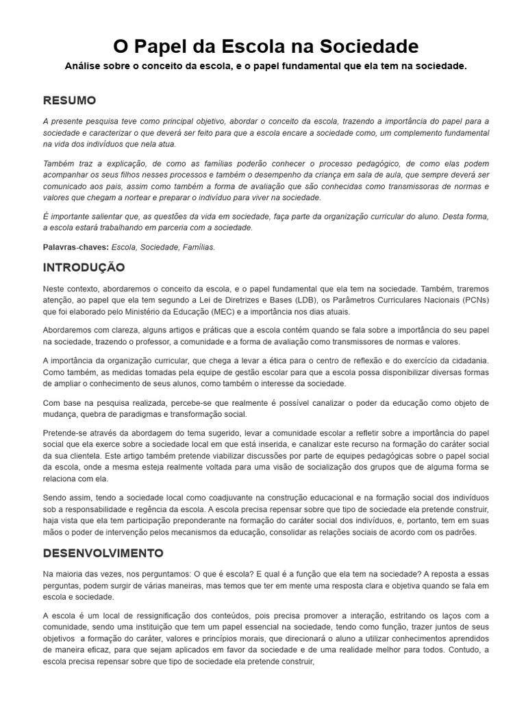 O Papel Da Escola Na Sociedade - Brasil Escola | PDF | Sociedade ...