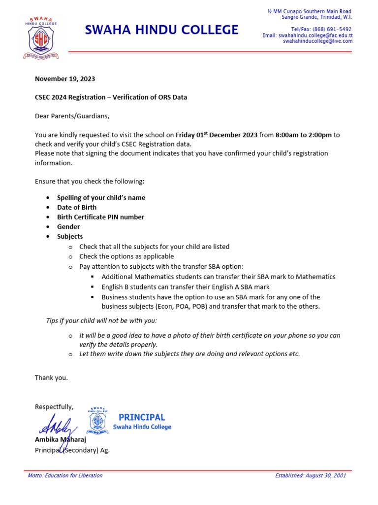 CSEC Registration Checklist 1909 | PDF