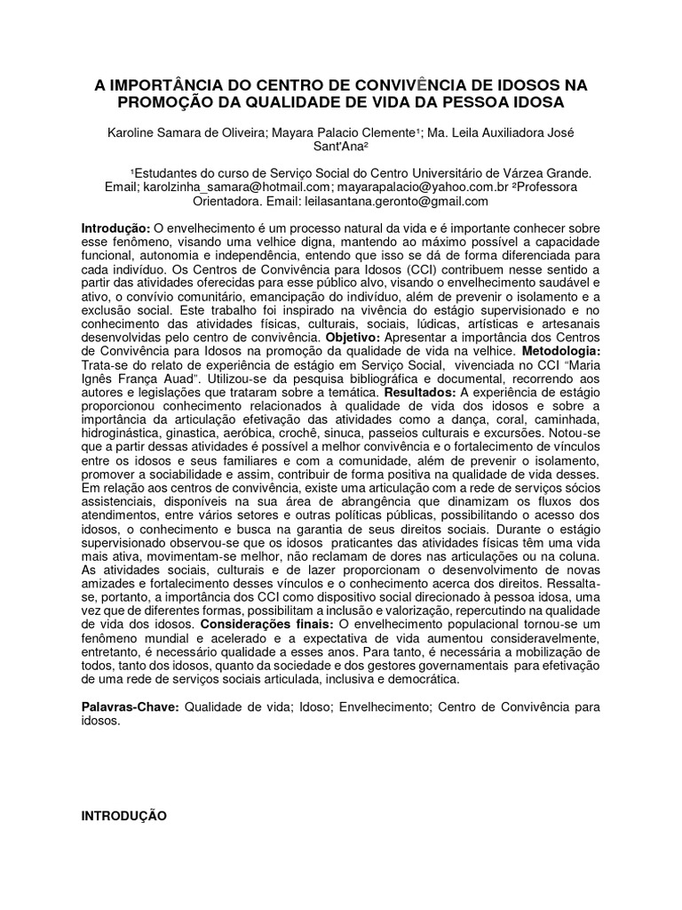 Centros de Convivência e Qualidade de Vida Idosa | PDF | Envelhecimento ...