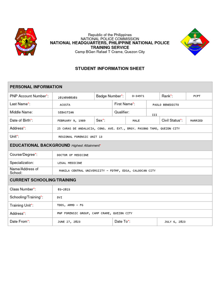 STUDENT APPLICATION INFORMATION SHEET PROGRAM CODE intelligence overview