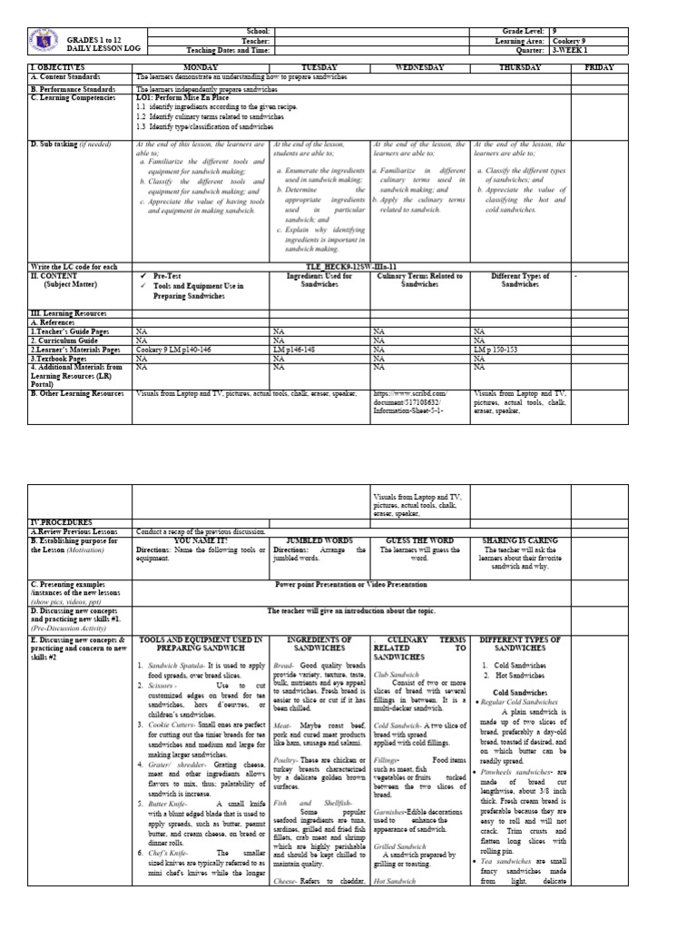 Cookery 9 Dll Third Quarter Pdf Breads Sandwich