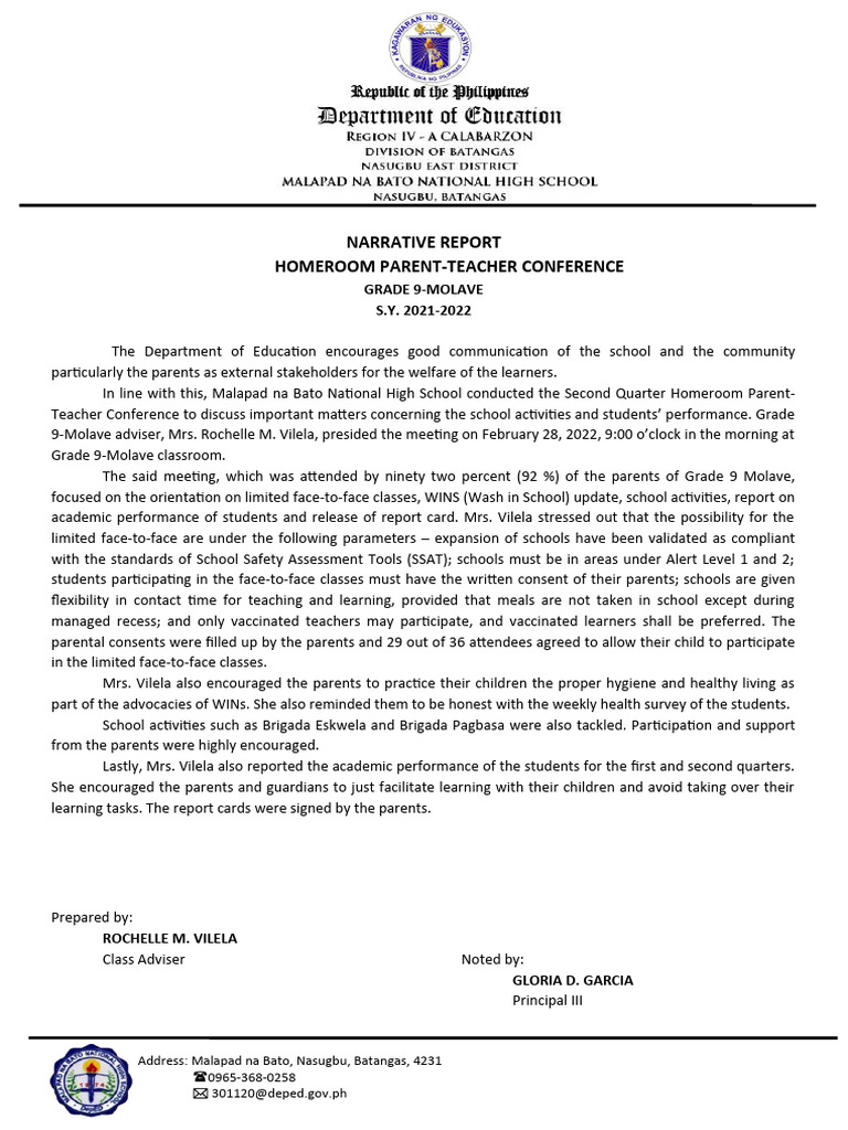 Narrative Report On HRPTC | PDF | Teachers | Learning