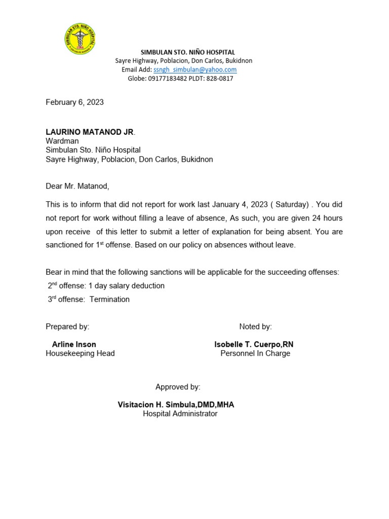 Employee Absence Notification Letter | PDF | Politics | Law