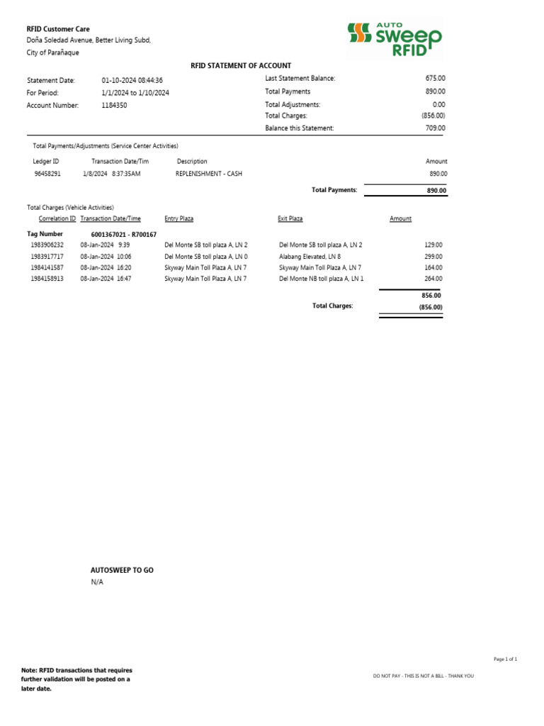 RFID Customer Care Statement Summary | PDF | Toll Road | Banking Technology