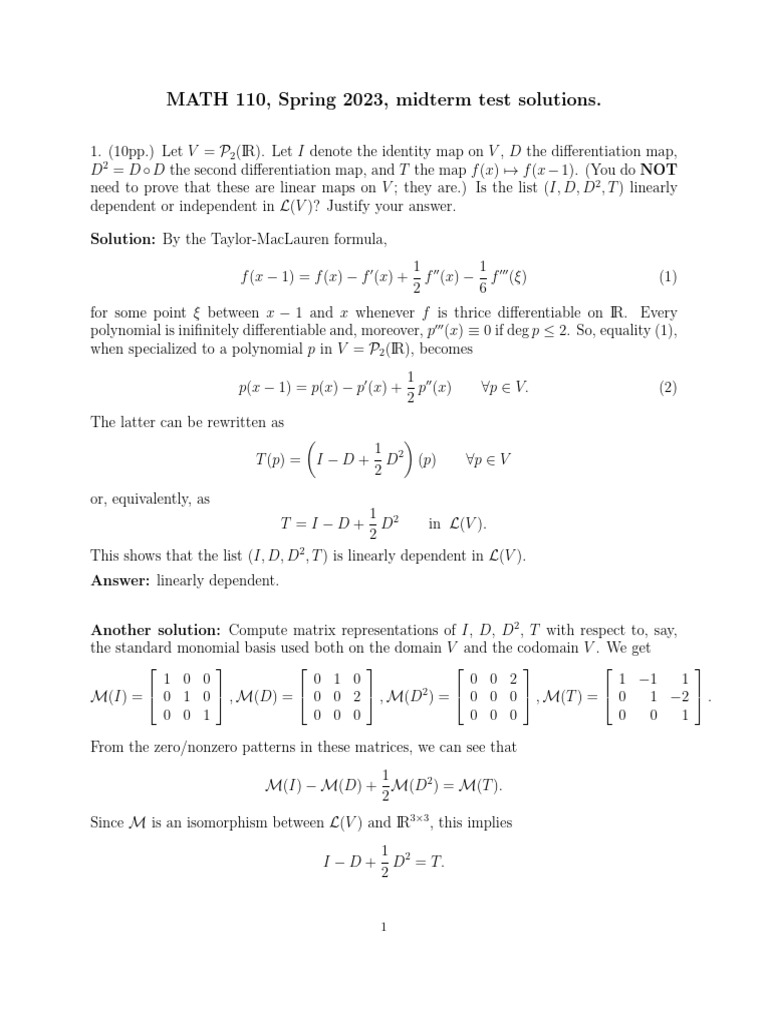 Old Midterm Sols | PDF | Linear Map | Basis (Linear Algebra) image.