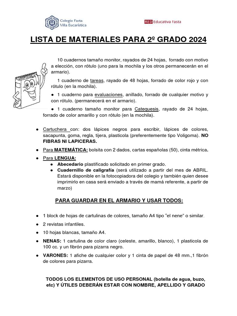 Materiales para 2º Grado 2024 | PDF | Papel | Materiales de ...