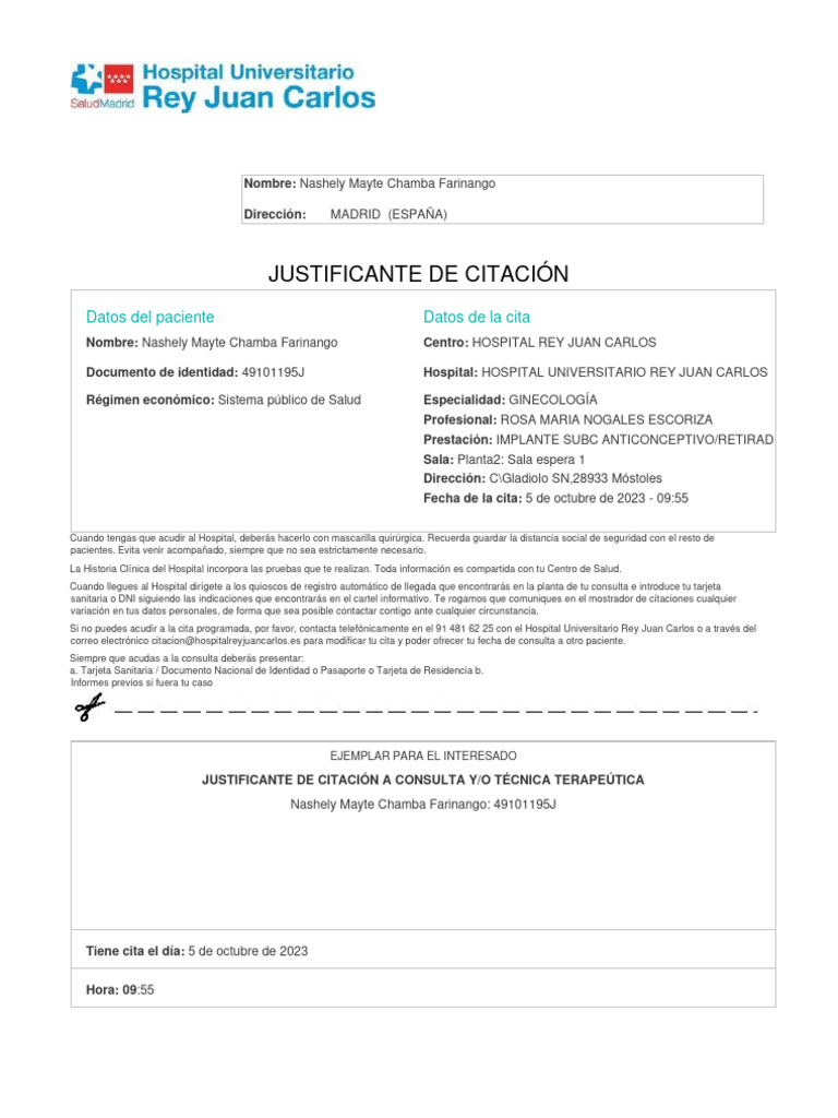 Justificante de cita ginecológica | PDF | Hospital | Cuidado de la salud