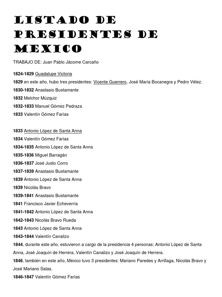 Lista de presidentes de México 1824-2024 | PDF | México | Titulares de ...