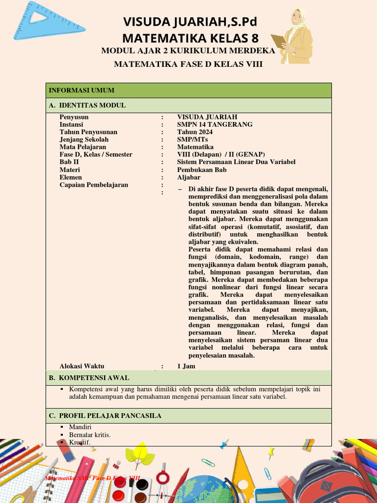 Modul Ajar MATEMATIKA 8 (VISUDA) | PDF | Metode & Bahan Ajar | Komputer