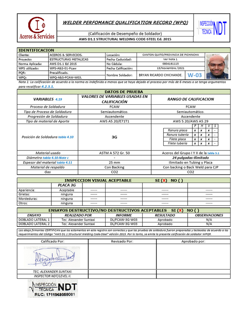 Calificación WPQ de Soldador FCAW 3G | PDF | Soldadura | Construcción