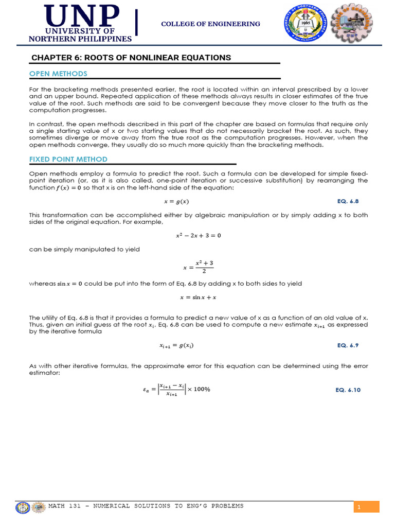 Open Methods for Nonlinear Roots | PDF | Numerical Analysis | Equations
