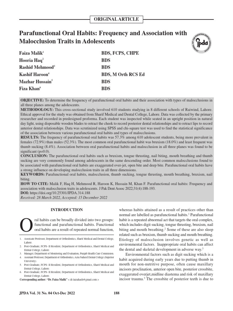Original Parafunctional Oral Habits 1 | PDF | Mouth | Dentistry Branches