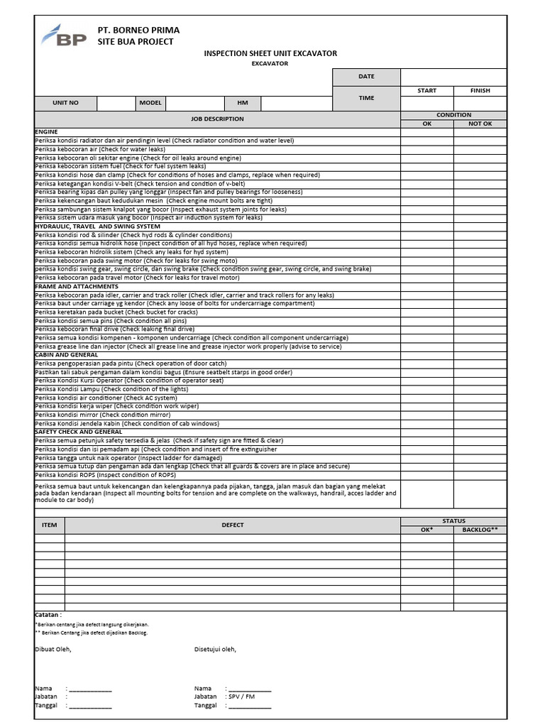 Form Inspection Sheet - Excavator | PDF | Belt (Mechanical ...