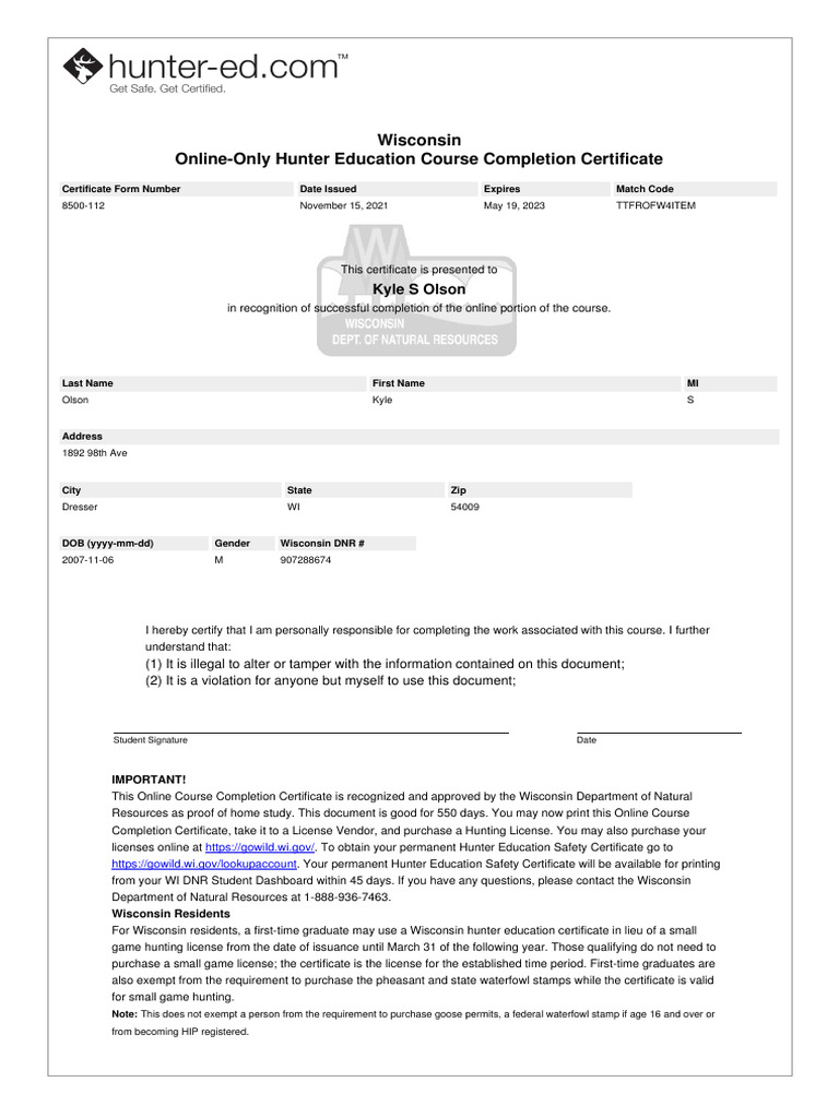 Wisconsin Hunter Ed Online Certificate | PDF | Hunting | Justice