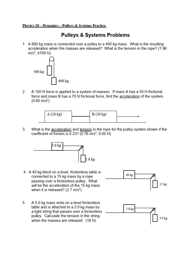 5 Pulleys and Systems Practice PDF Tension (Physics) Force