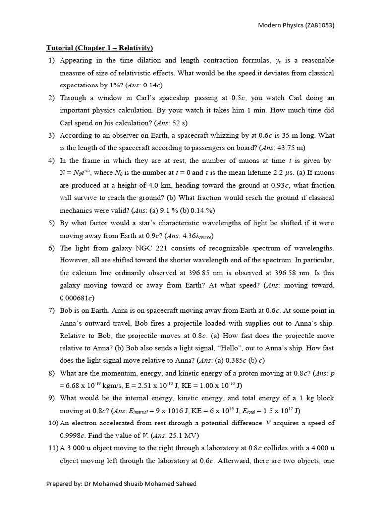 Relativity Tutorial: Key Concepts & Problems | PDF | Kinetic Energy ...