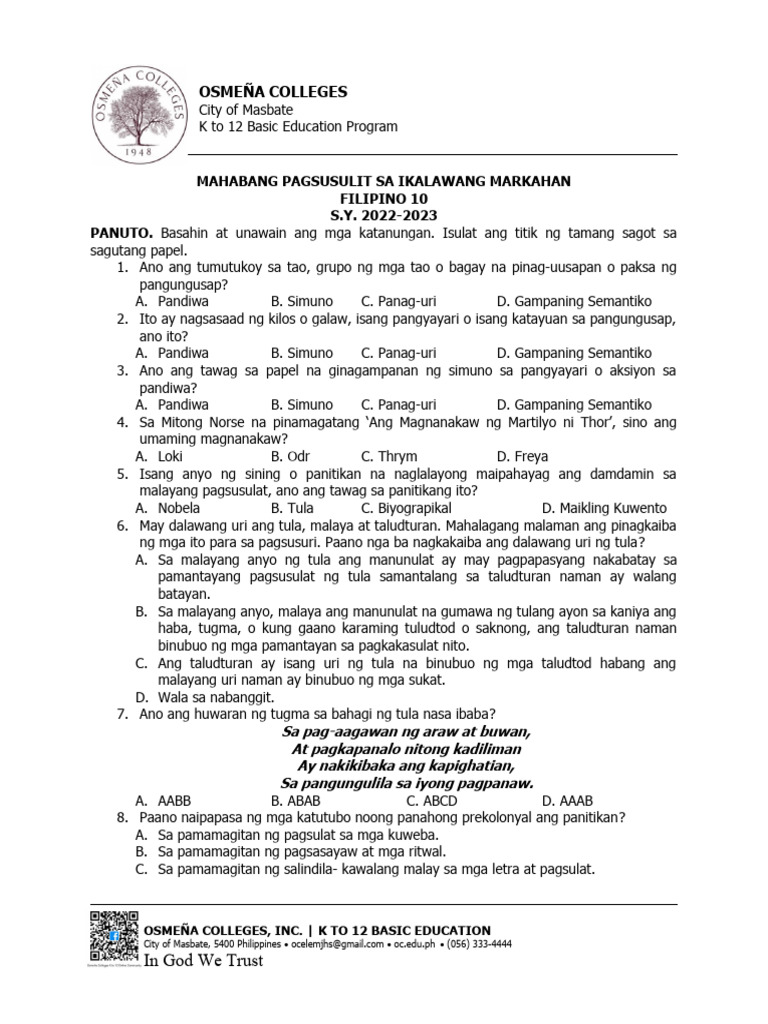 2nd Quarter Summative Test - Filipino | PDF