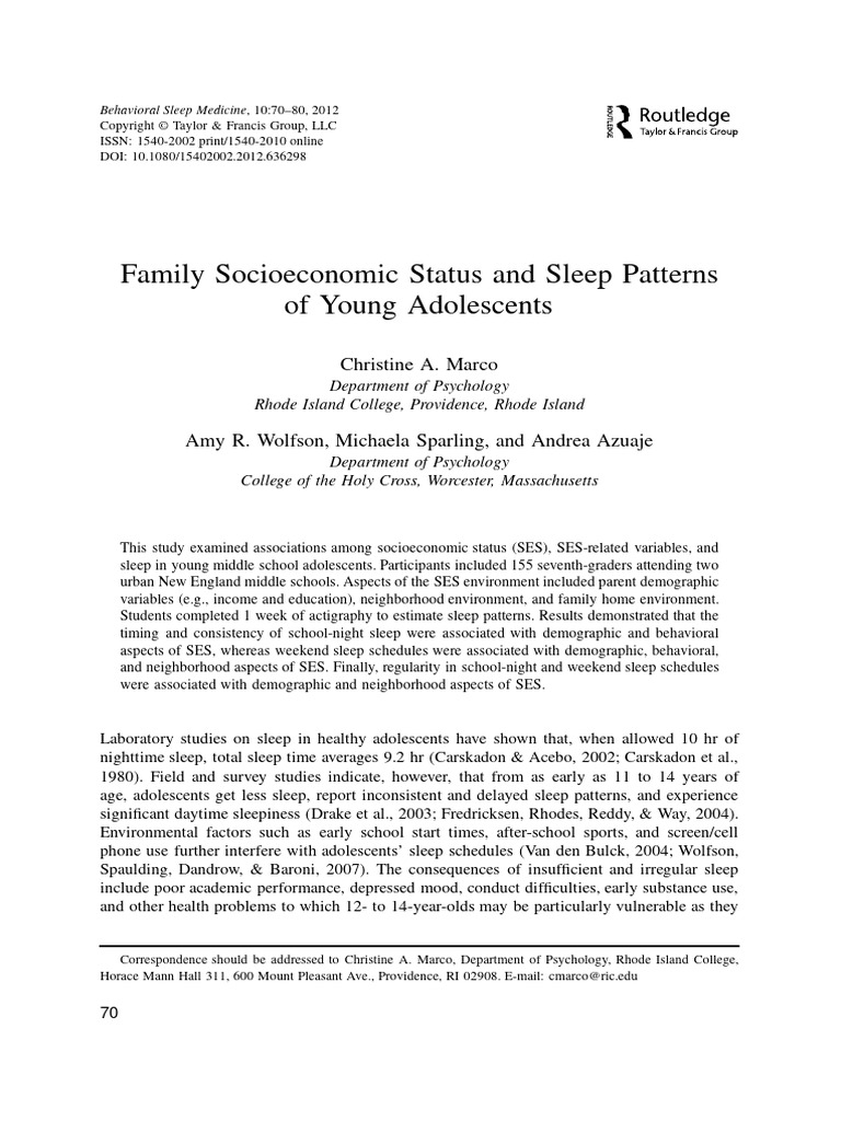 Marco Et Al (2012) Family SES and Sleep Patterns of Young Adolescents | PDF