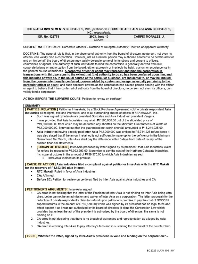 Inter-Asia vs. Asia Industries: Authority Dispute | PDF | Law Of Agency ...
