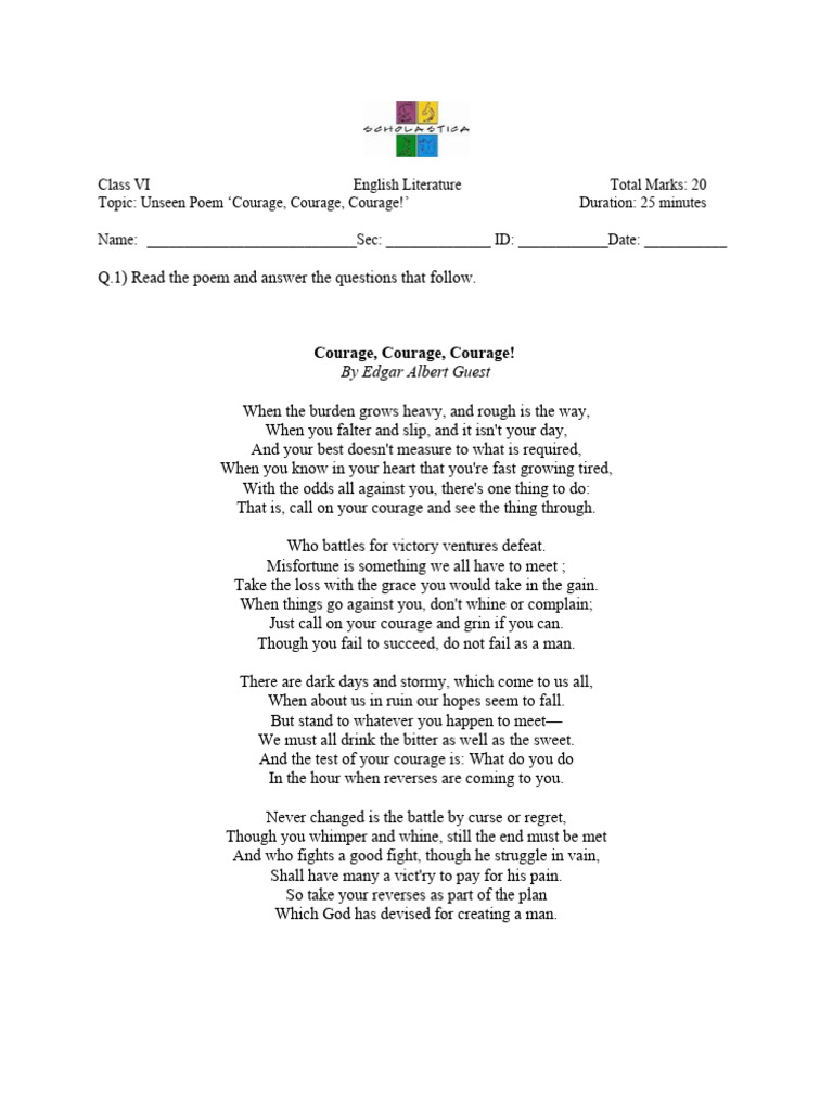 1 Rukhsar Sanjaree Class Vi Eng Lit Unseen Poem Courage Courage