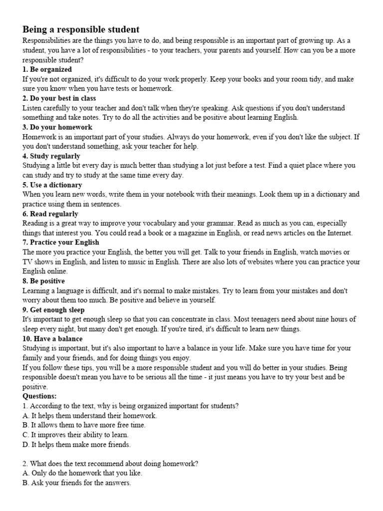 Tips for Being a Responsible Student | PDF | English Language | Homework