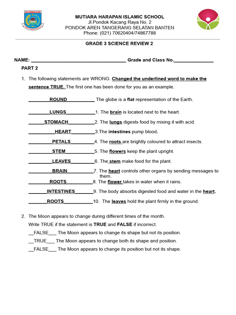 Grade 3 Science Review Worksheet | PDF | Rotation | Moon