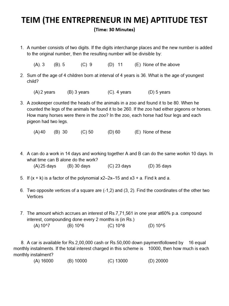 TEIM Aptitude Test Questions | PDF | Speed | Literacy