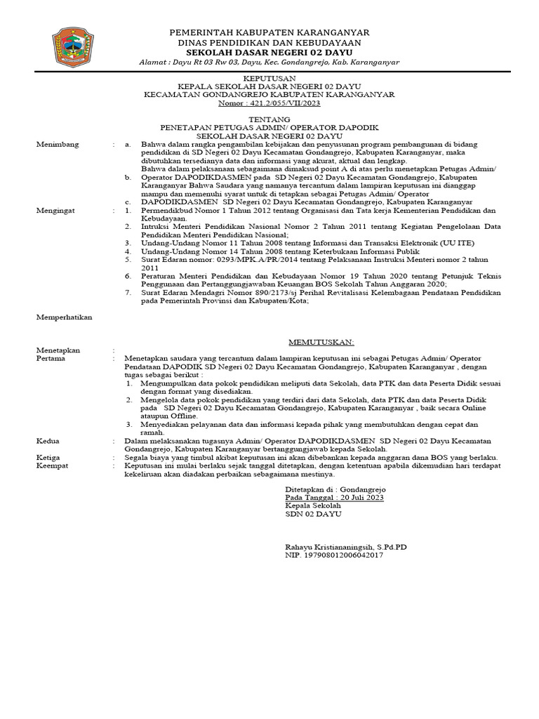 Sk Operator Dapodikdasmen Terbaru Tahun 2020 2021 Pdf