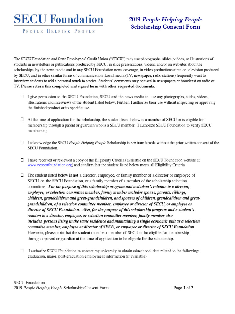 SECU Scholarship Consent Form 2019 | PDF | News | News Media