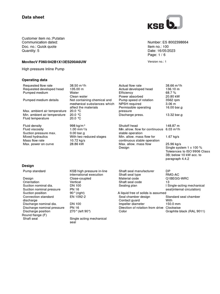 KSB High Pressure Inline Pump Data Sheet | PDF | Pump | Flow Measurement
