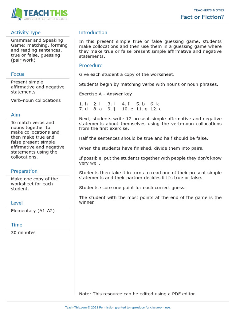 Fact or Fiction Present Simple | PDF | Verb | Sentence (Linguistics)