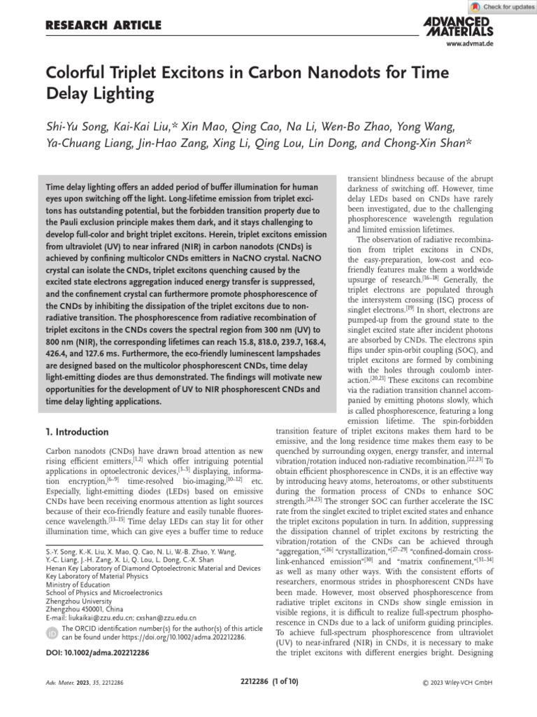 Advanced Materials 2023 Song Colorful Triplet Excitons in Carbon