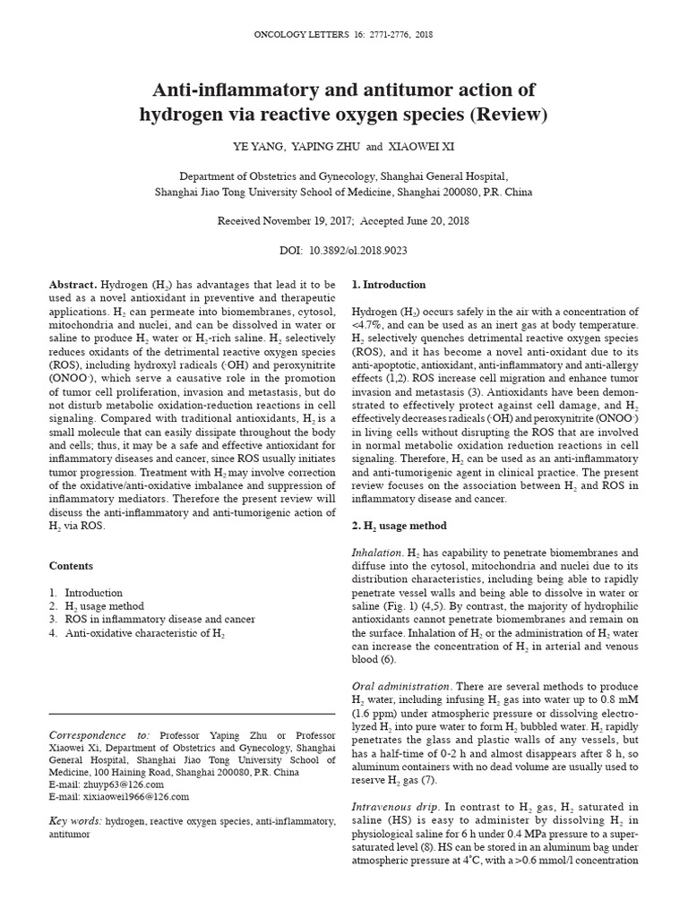 Hydrogen's Role in Cancer Therapy | PDF | Reactive Oxygen Species ...
