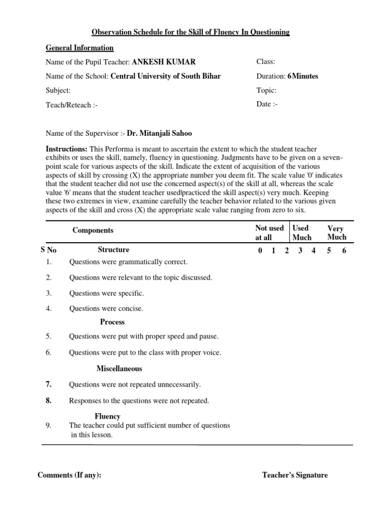 Fluency in Questioning Observation Tool | PDF | Language Arts & Discipline