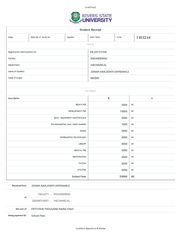 School Fees Receipt for Engineering Student | PDF | Payments | Service ...