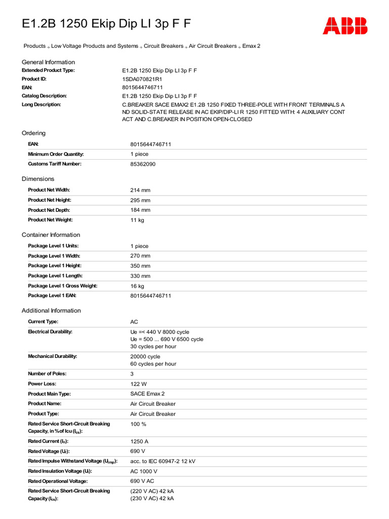 1SDA070821R1 E1 2b 1250 Ekip Dip Li 3p F F | PDF | Electricity ...
