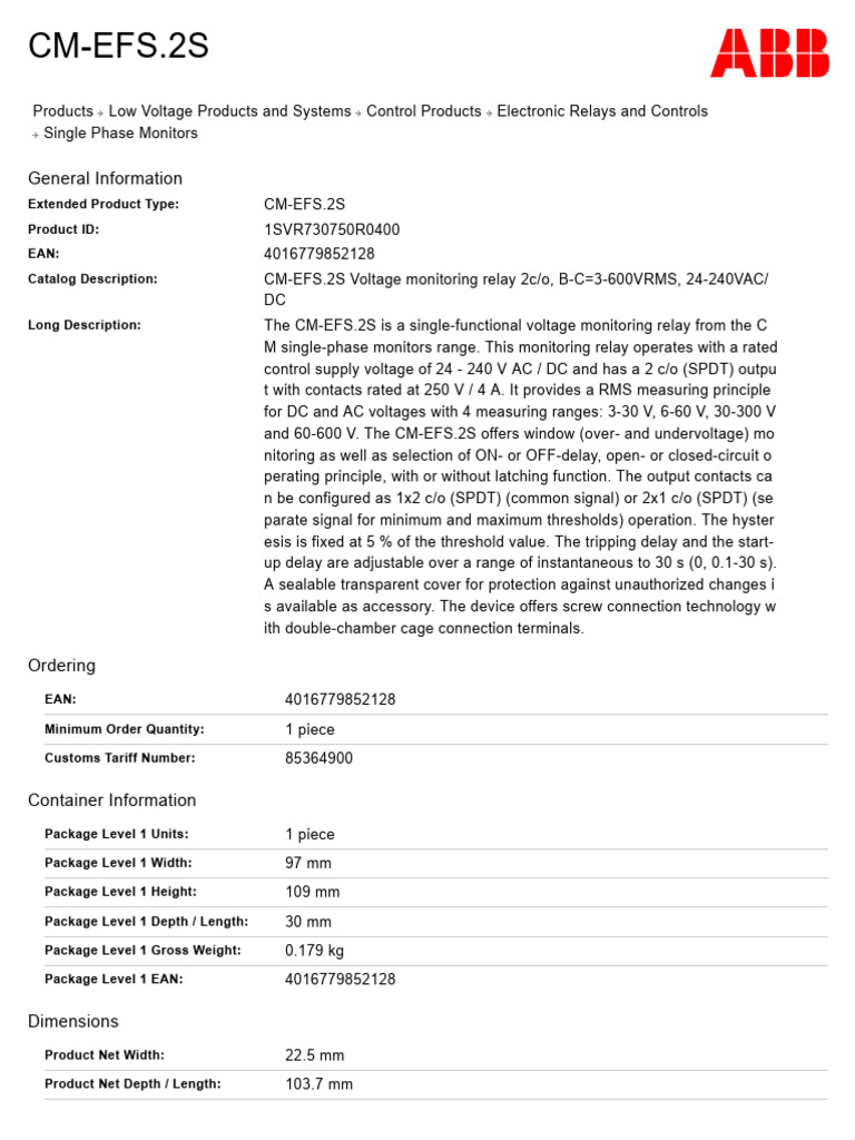 1SVR730750R0400 CM Efs 2s Voltage Monitoring Relay 2c o B C 3 600vrms ...