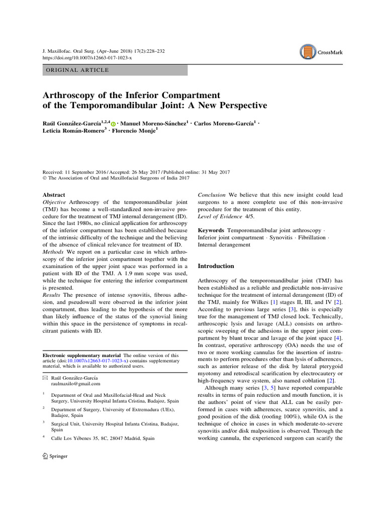 Arthroscopy of the inferior compartment of the temporomandibular joint