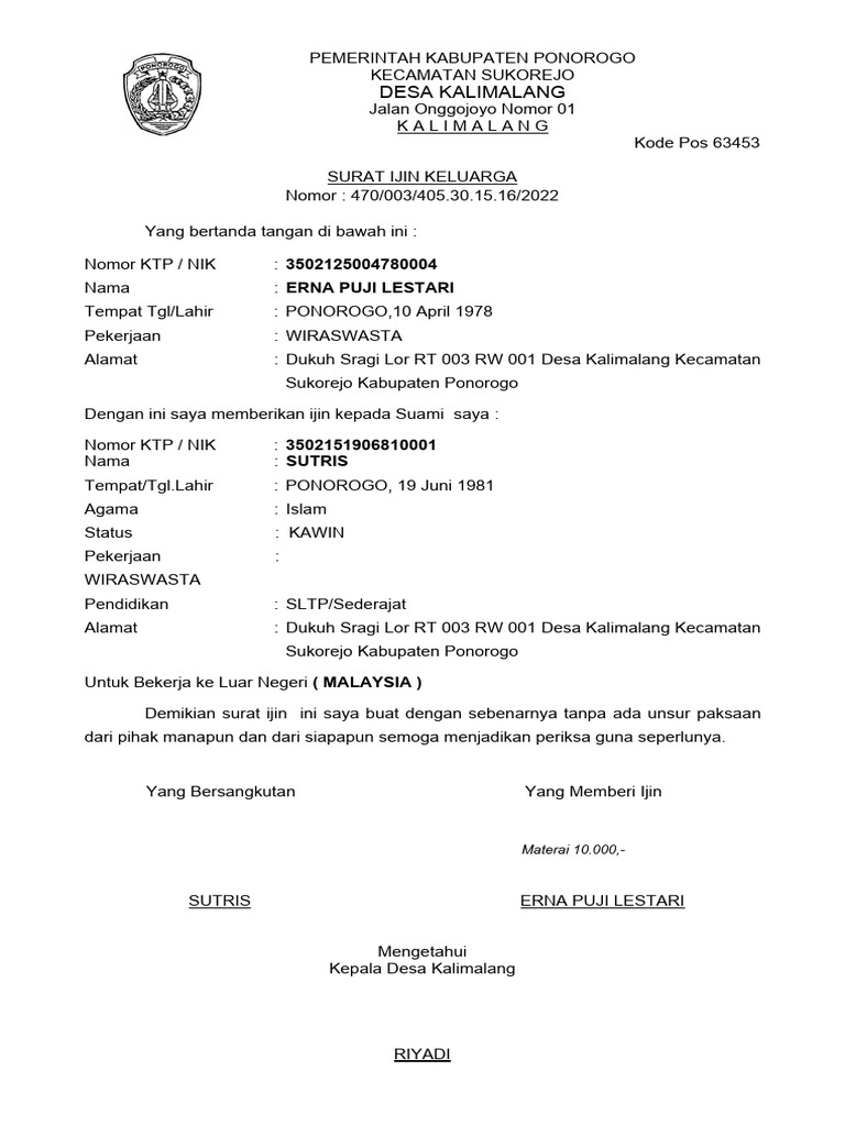 Surat Izin Keluarga | PDF