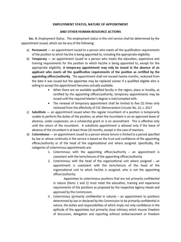 Employment Status and Appointment Types | PDF | Government | Justice