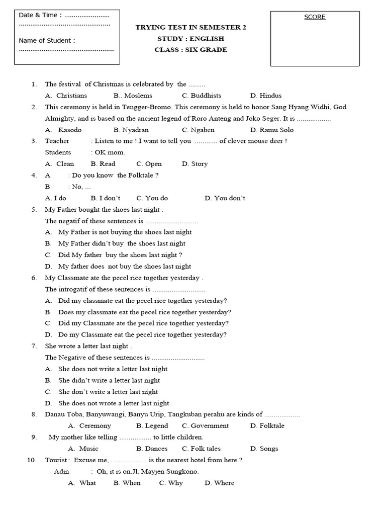 English Test for Sixth Grade Students | PDF | Indonesian People | Indonesia