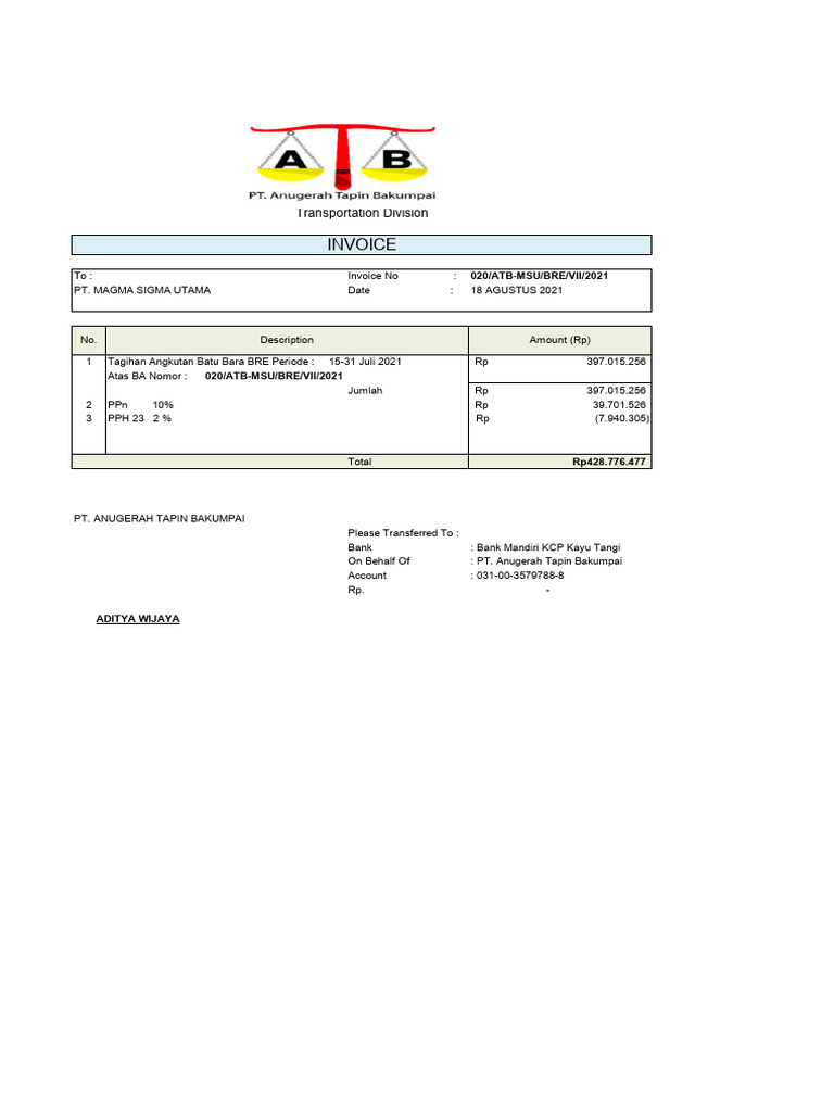 Invoice for Coal Transportation Services | PDF