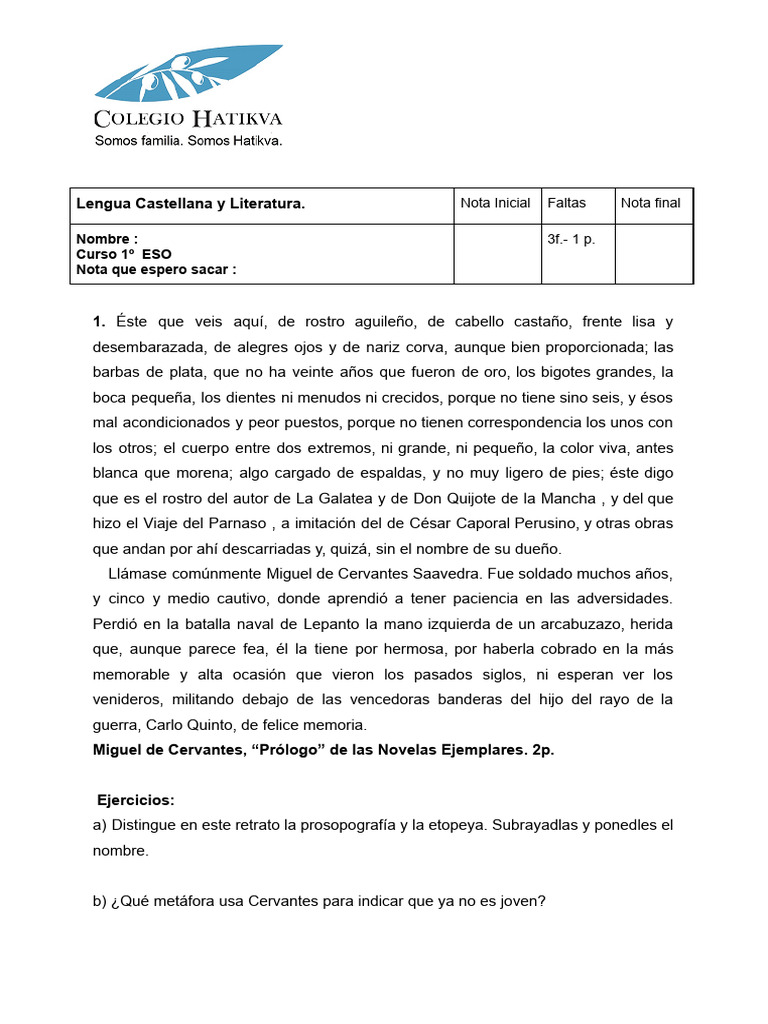 Ejercicios de Lengua y Literatura | PDF | Miguel De Cervantes