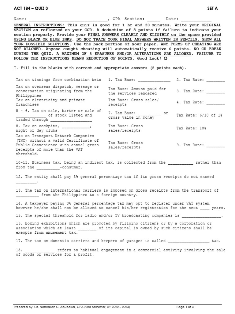ACT 184 - QUIZ 3 (SET A) - 50 Copies | PDF | Taxes | Value Added Tax